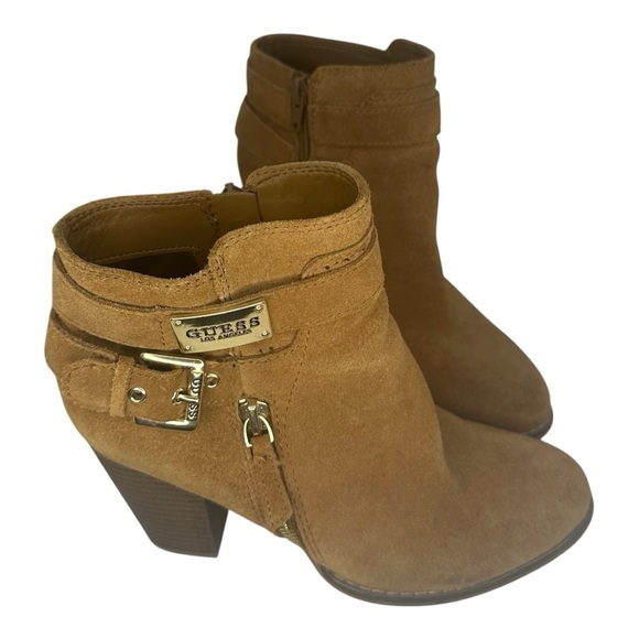 Guess Women's Brown Heeled Boots with Gold Accents - Picture 1 of 6